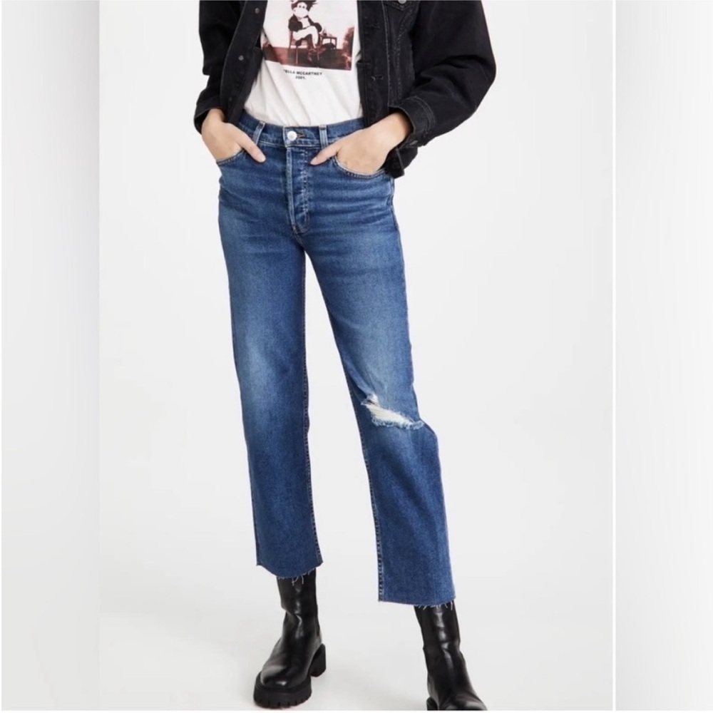 Re/Done 70s Stovepipe High Rise Straight Leg Jeans Worn Rich Indigo Distressed
